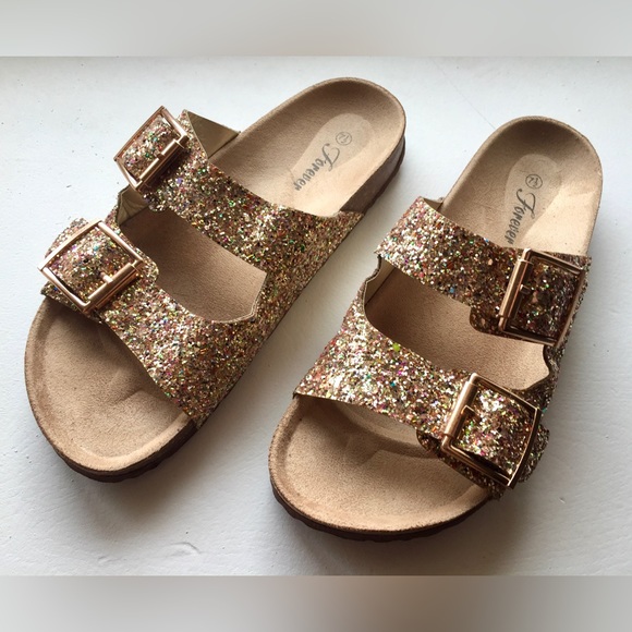 Boutique Shoes - (NEW) Gold Sparkly Buckle Strapped Sandals
